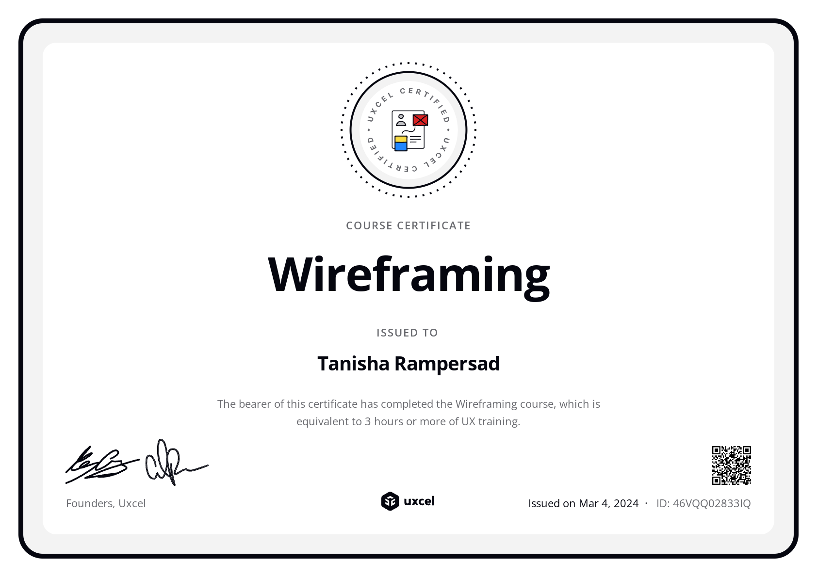 Tanisha Rampersad's certificate